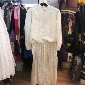 Vintage 1980’s- blouse, cream , silky glam dress - size large - perk hole neck